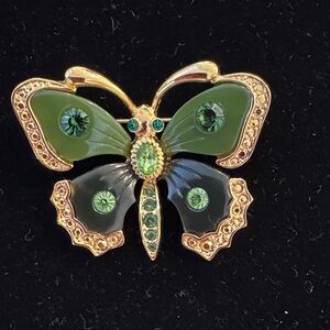 Joan Rivers Far East Collection butterfly brooch with green faux jade & yellow.